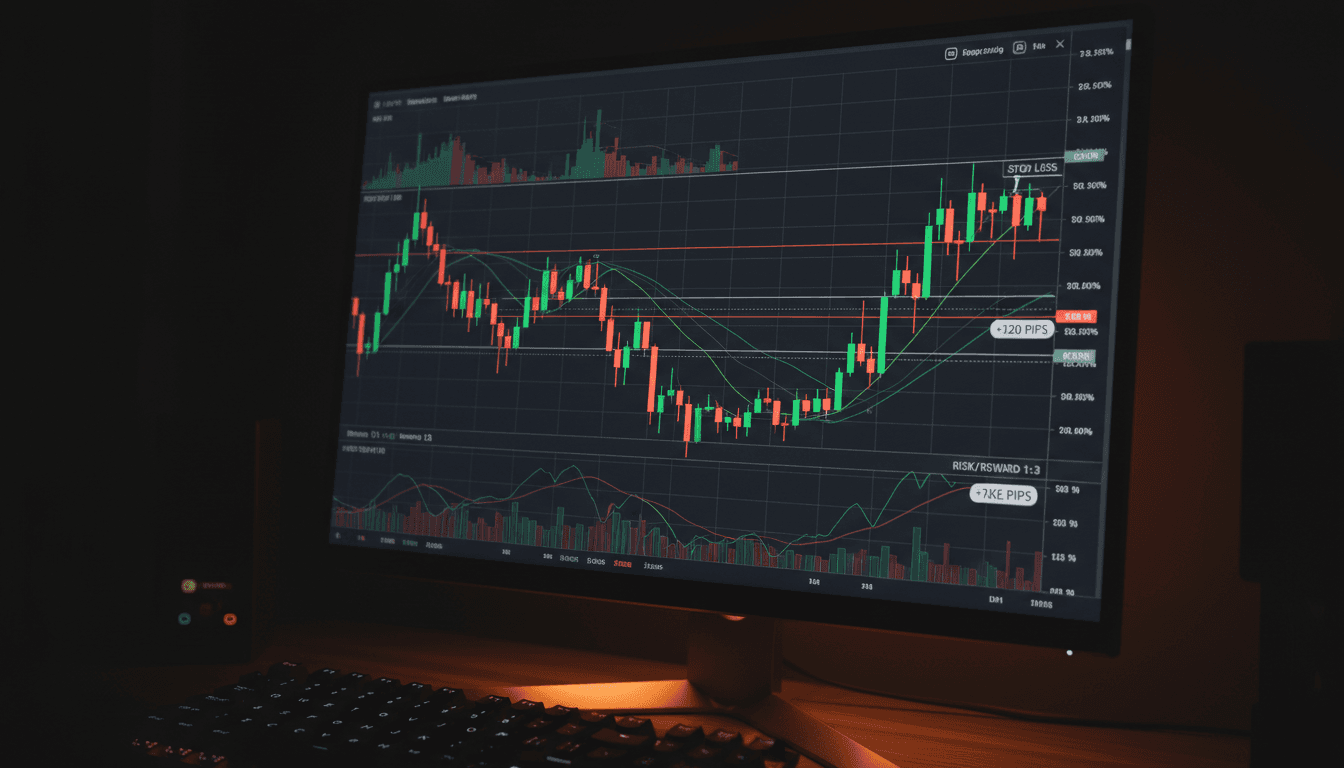 Trade Context Memory - Desktop monitor displaying candlestick charts with trade entry context and multiple timeframe analysis