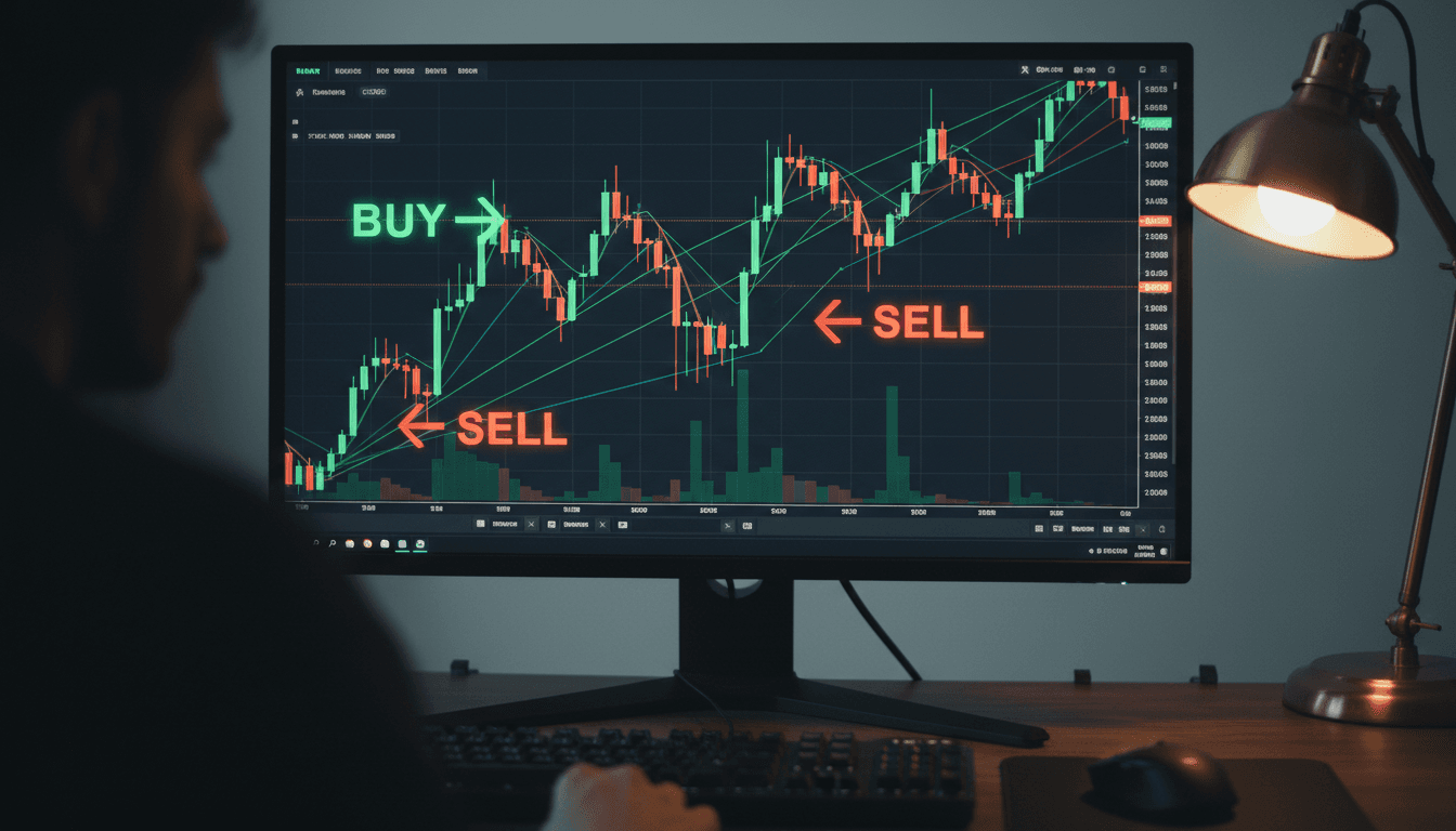 AI-Assisted Trading Bots showing live trading charts with candlestick patterns