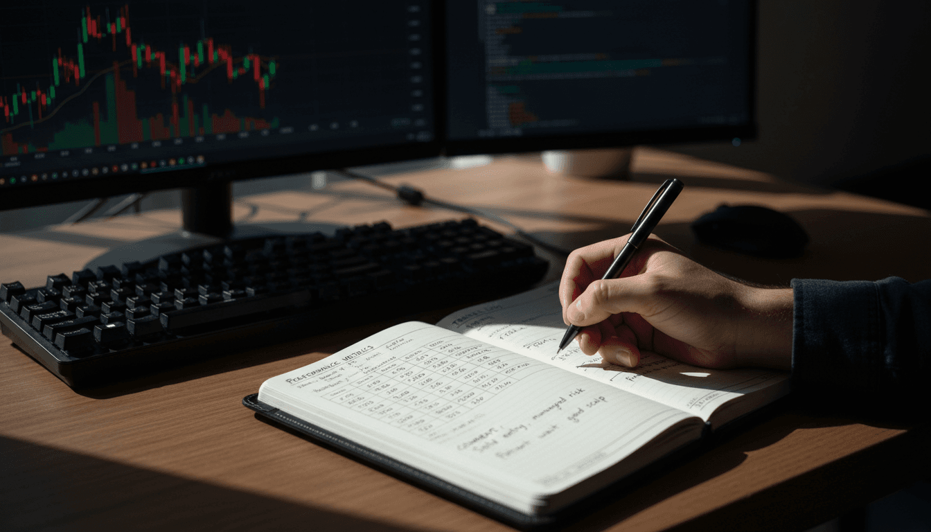 Trader documenting trade outcomes and performance in a journal