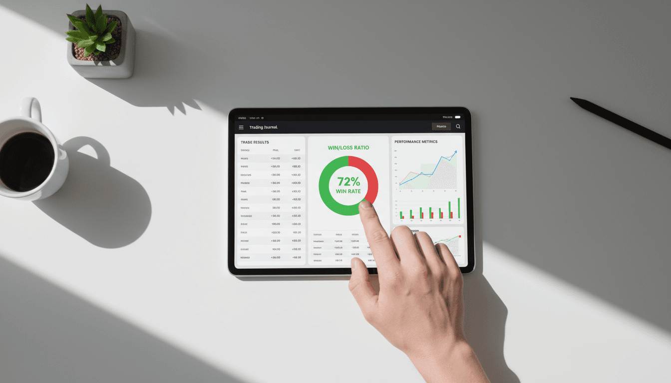 Outcome Pattern Tracking - Hand pointing to trade performance data showing win/loss patterns and statistical analysis