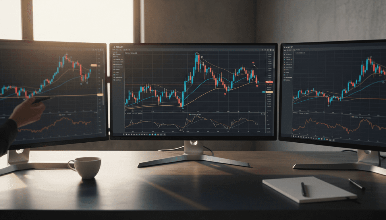 Multi-Timeframe Analysis displaying different trading timeframes on multiple monitors