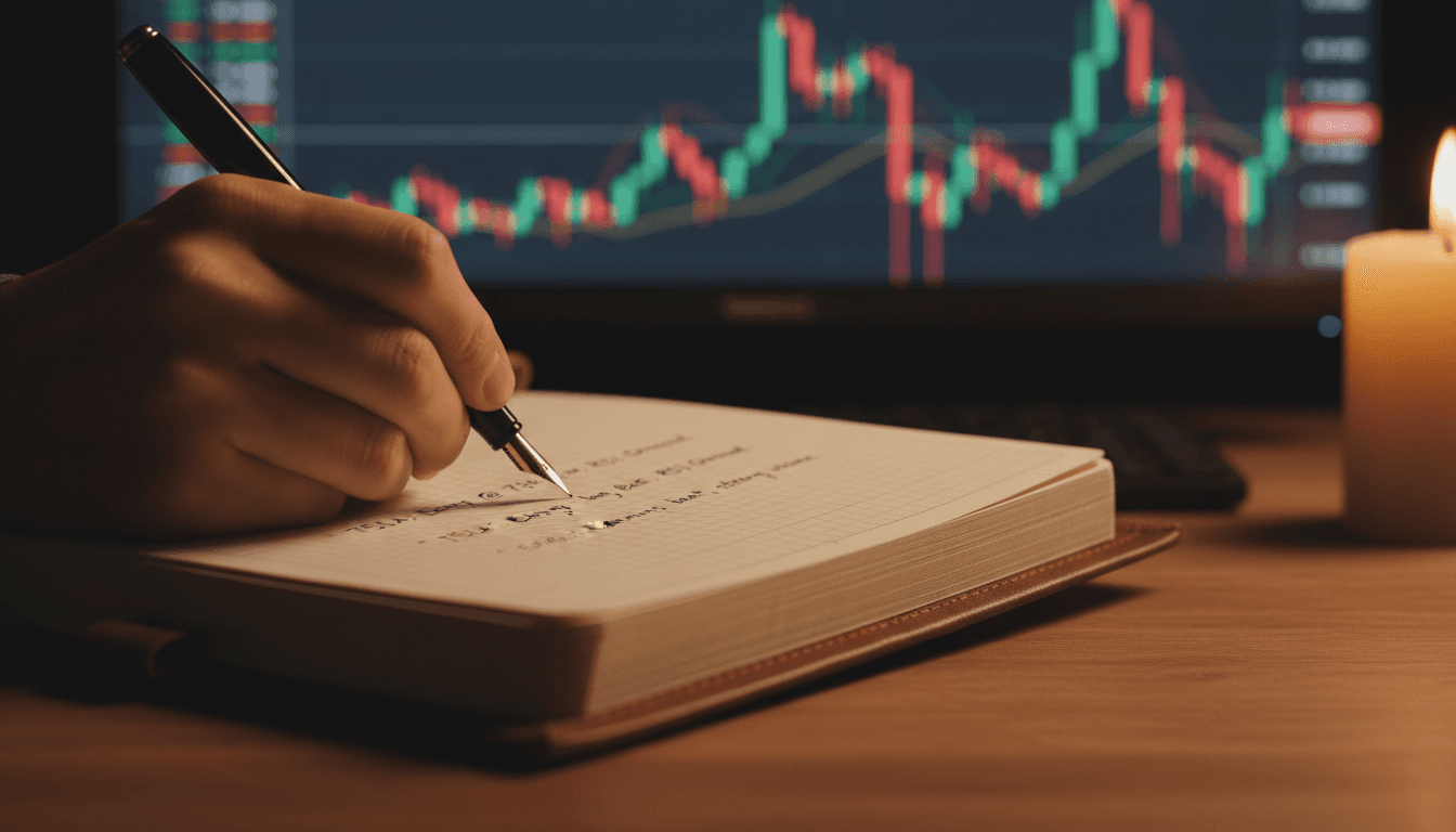 Trader's hand writing observations in a trading journal
