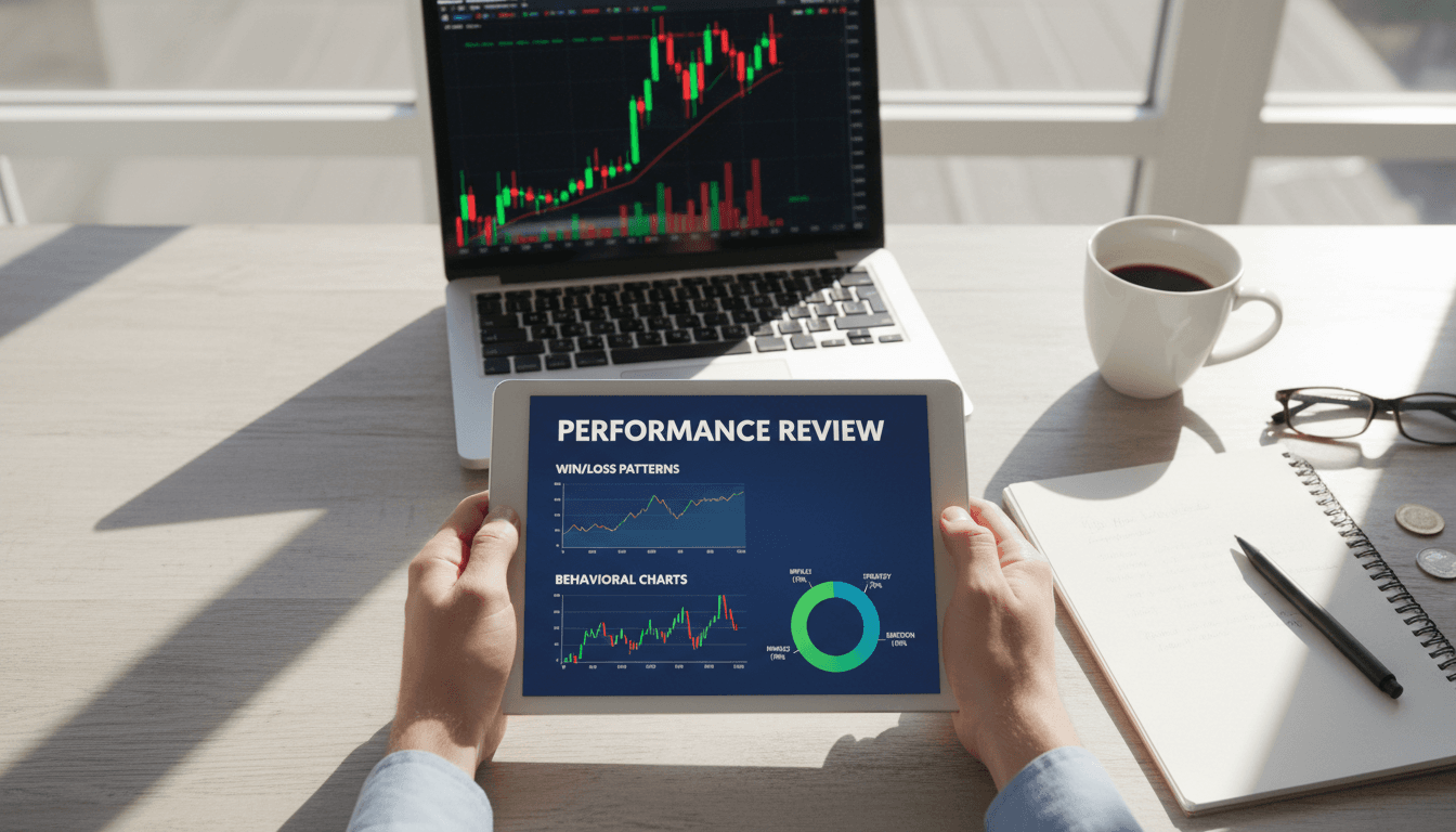 Trader reviewing performance patterns and behavioral analytics on tablet