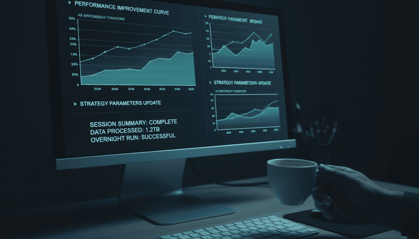 Session summary showing overnight strategy refinement and updated parameters