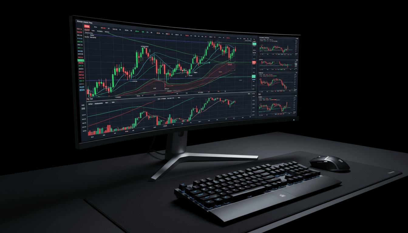 Trading platform dashboard with real-time market data and AI-assisted analysis on multiple monitors