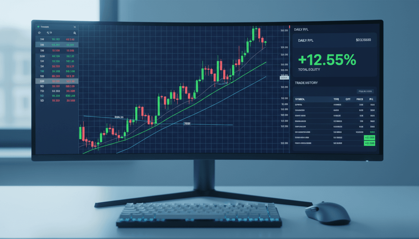 Desktop trading monitor showing real-time charts and trade execution data