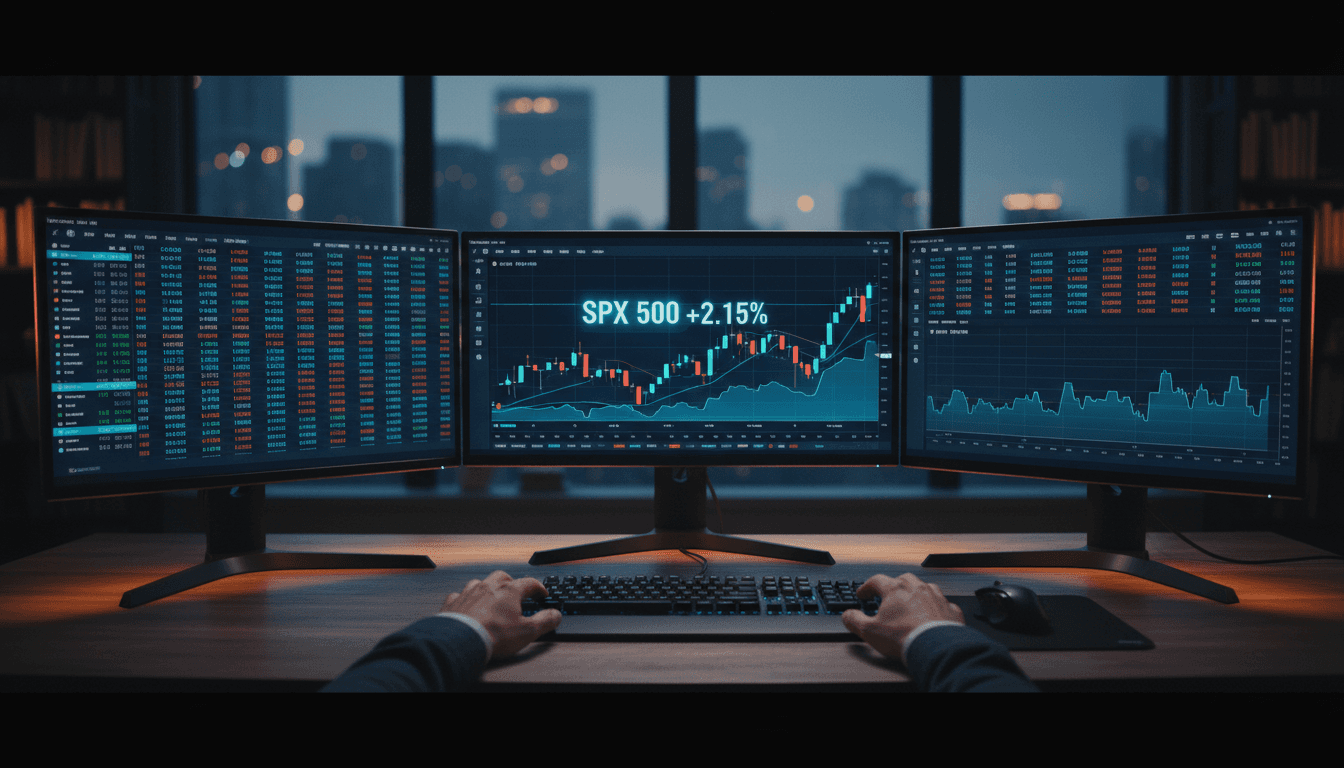 Trader monitoring real-time market data and AI-validated signals on multiple desktop monitors