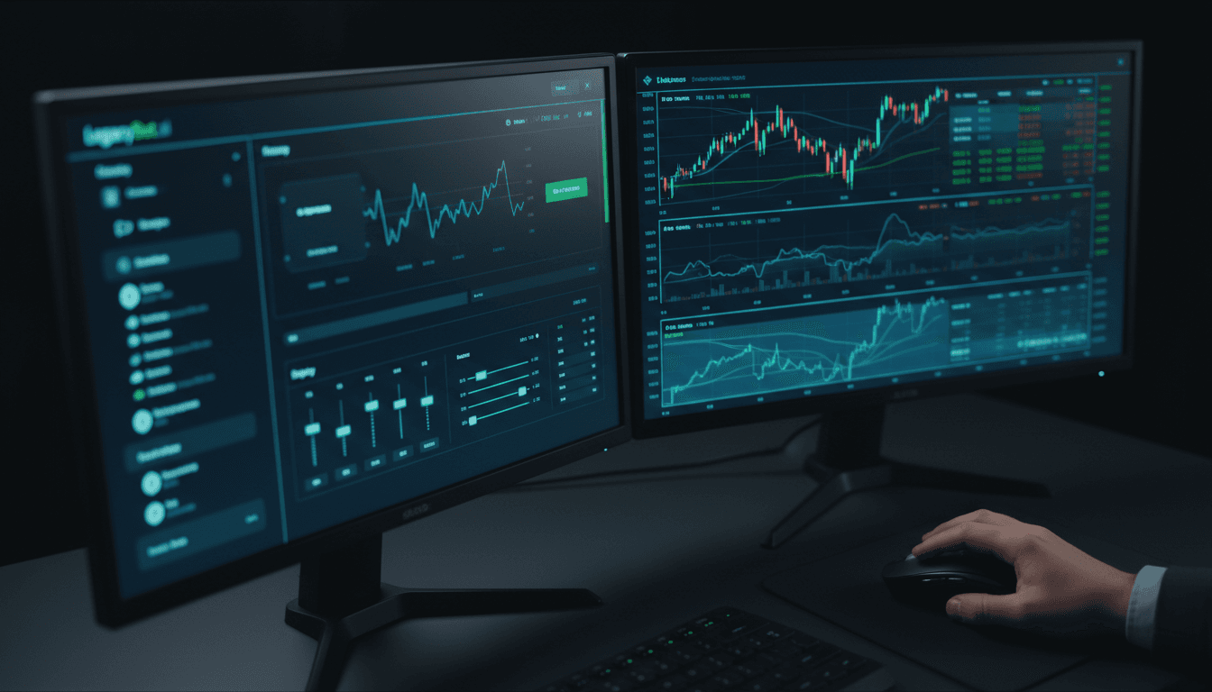 Trader monitoring live market data on dual monitors with automated trading platform dashboard