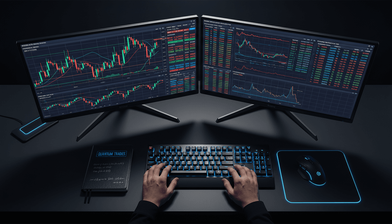 Desktop trading setup with dual monitors showing real-time market data and AI-assisted trading interface