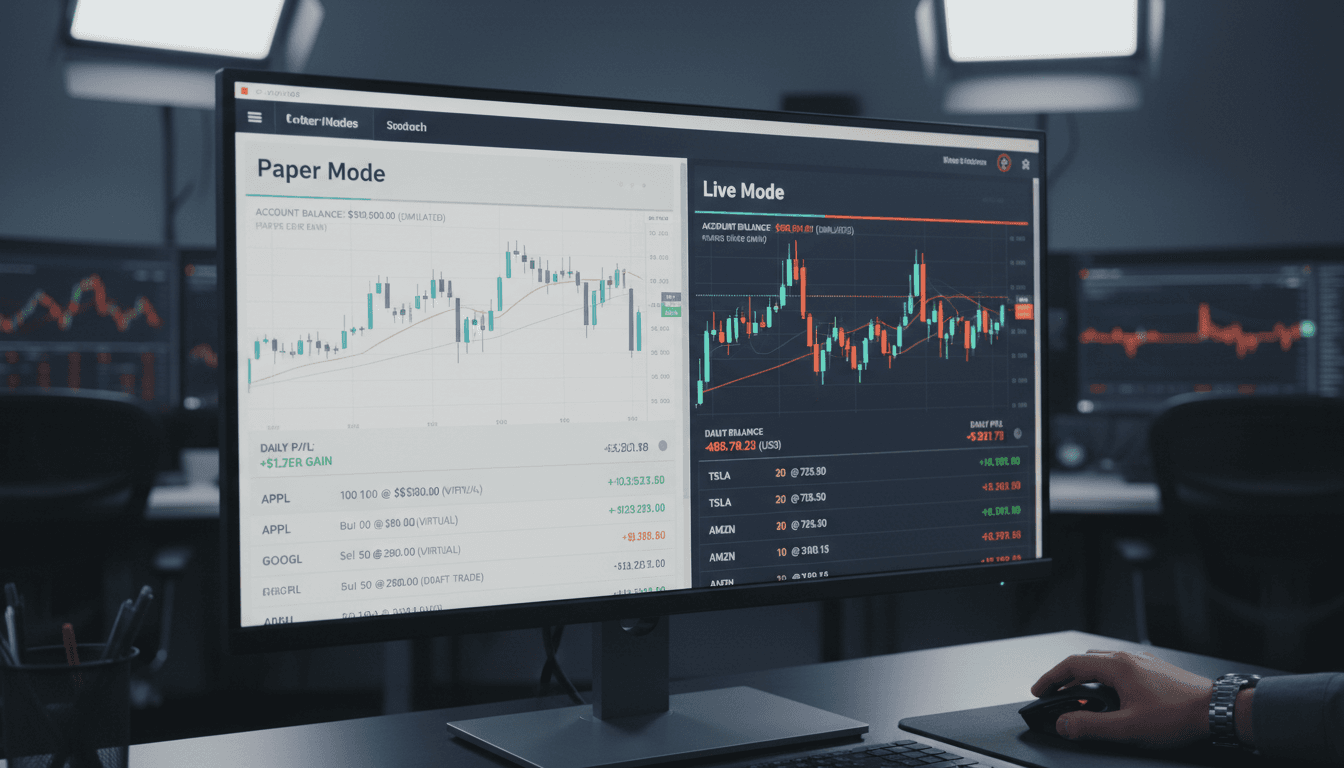Paper and Live Trading Modes comparison showing simulated and real trading interfaces